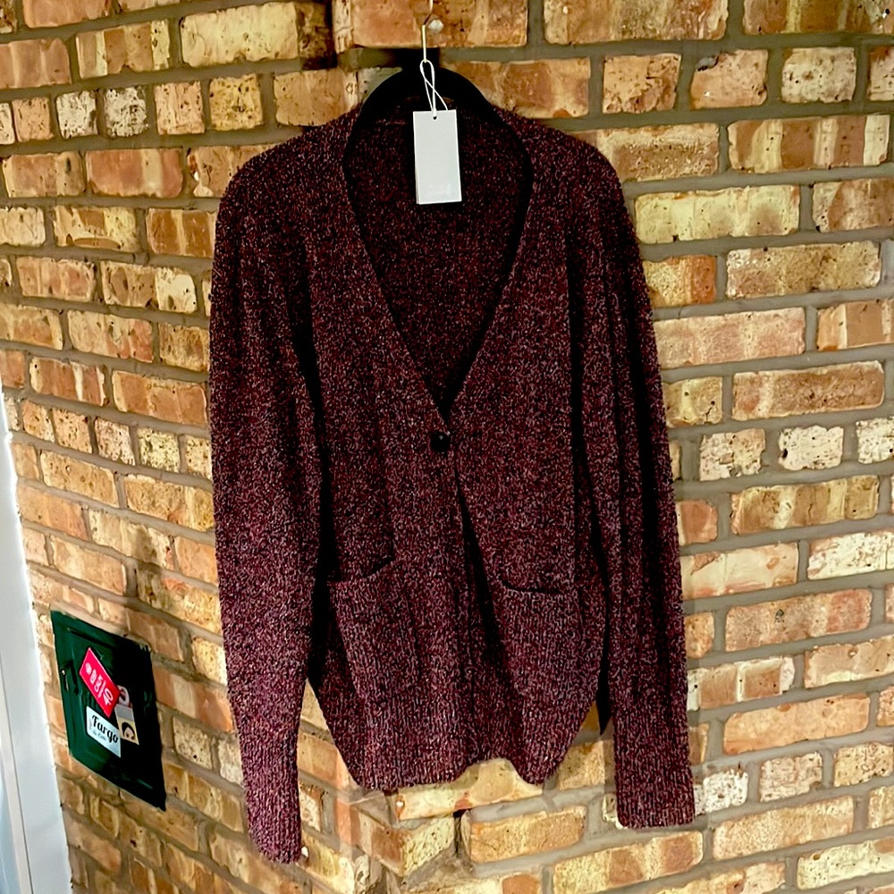 COS cardigan, pink/maroon pattern, NWT, size L